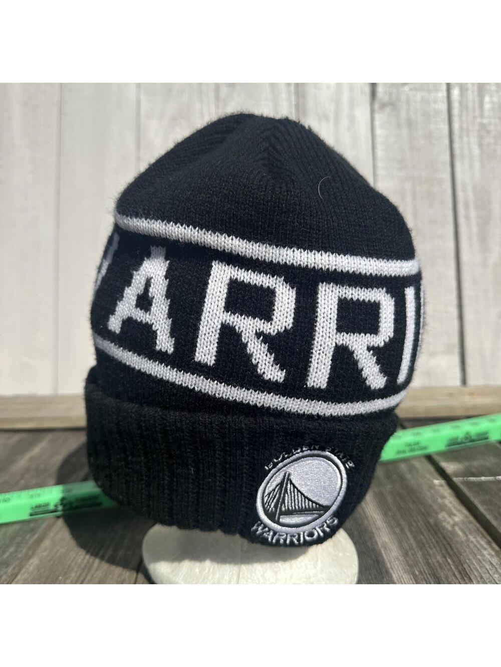 mitchell Ness Golden State Warriors Beanie Black & White Knit Embroidered Logo